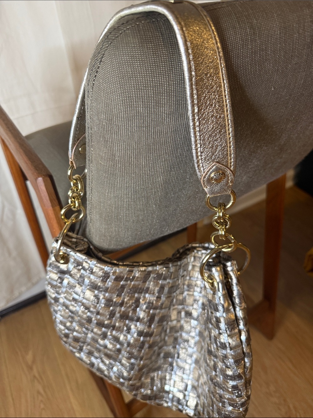 Elliott Lucca Metallic Silver Woven Shoulder Bag with Gold Hardware